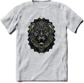 Leeuw - Dieren Mandala T-Shirt | Groen | Grappig Verjaardag Zentangle Dierenkop Cadeau Shirt | Dames - Heren - Unisex | Wildlife Tshirt Kleding Kado | - Licht Grijs - Gemaleerd - 3