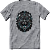 Leeuw - Dieren Mandala T-Shirt | Lichtblauw | Grappig Verjaardag Zentangle Dierenkop Cadeau Shirt | Dames - Heren - Unisex | Wildlife Tshirt Kleding Kado | - Donker Grijs - Gemalee