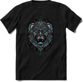 Leeuw - Dieren Mandala T-Shirt | Lichtblauw | Grappig Verjaardag Zentangle Dierenkop Cadeau Shirt | Dames - Heren - Unisex | Wildlife Tshirt Kleding Kado | - Zwart - XL