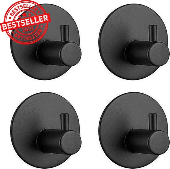 Handdoekhaakjes Zelfklevend - Handdoekhouder – Zelfklevende Haakjes - Ophanghaken - 4 Stuks - RVS - Zwart