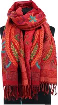 Kasjmier sjaal rood - 180 x 70 cm - met borduursel - wollen omslagdoek