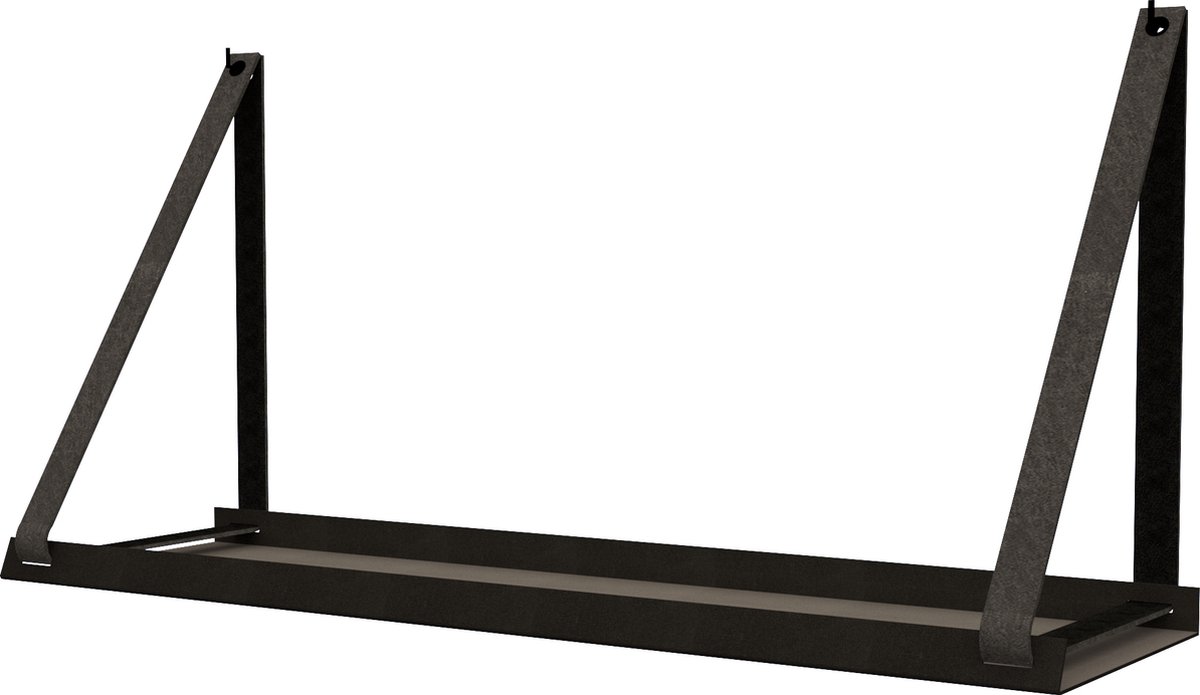 Handles and more - Stalen wandplank zwart 98cm + leren plankdragers Vintage Grey