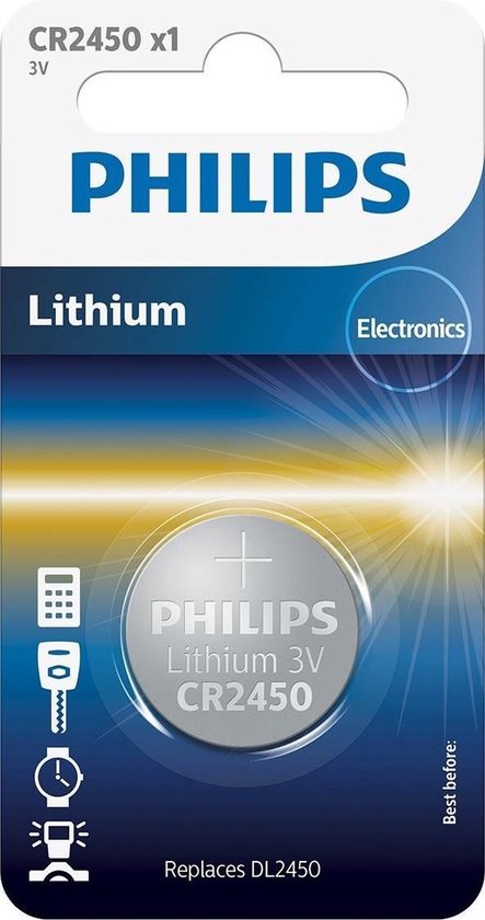 Philips Lithium CR2450 batterij, 3V. Grijze ronde batterij met plus-teken en merknaam.