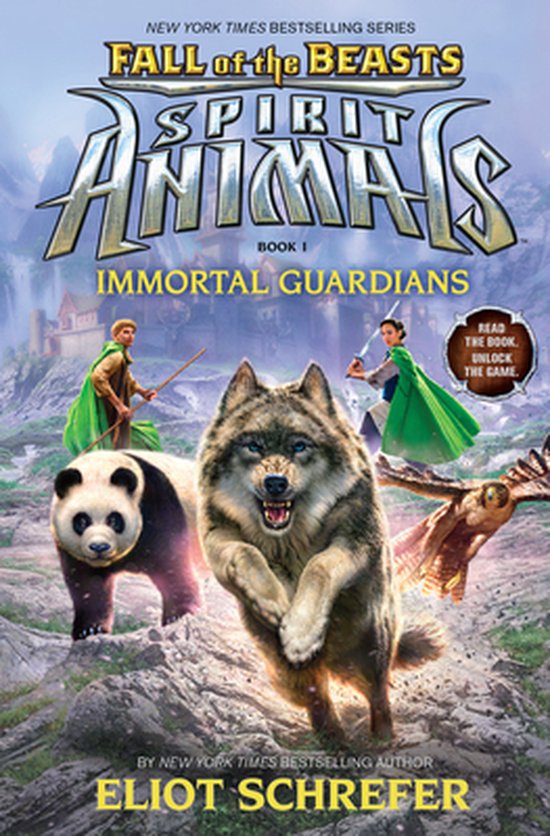 Boekomslag van "Spirit Animals: Immortal Guardians". Een wolf, panda en uil staan centraal, met twee kinderen in de achtergrond. "Fall of the Beasts" is bovenaan.