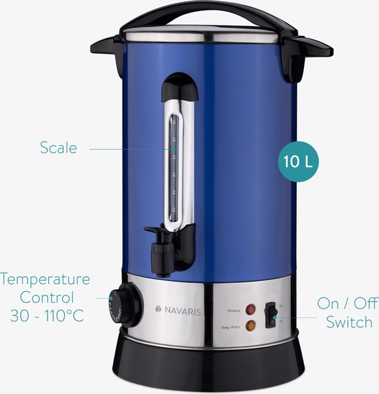 Navaris glühweinketel met temperatuurregelaar 10L - RVS glühweinkoker met tap - Warm water ketel - Thermostaat - Oververhittingsbeveiliging - Blauw - Navaris