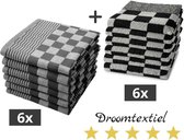 Droomtexiel® Horeca Kwaliteit Katoenen Theedoeken & Keukendoeken set - 6x Theedoeken + 6x Keukendoeken - Zwart Wit -