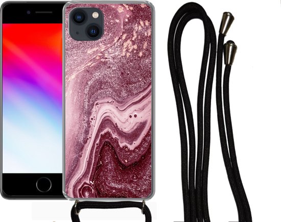 Coque avec cordon iPhone 13 Mini - Natuursteen - Rose - Glitter - Siliconen - Bandoulière - Coque arrière avec cordon - Coque pour téléphone avec cordon - Coque avec corde