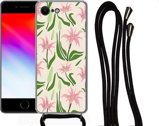 Coque avec cordon iPhone SE 2020 - Bloem - Rose - Feuille - Siliconen - Bandoulière - Coque arrière avec cordon - Coque pour téléphone avec cordon - Coque avec corde