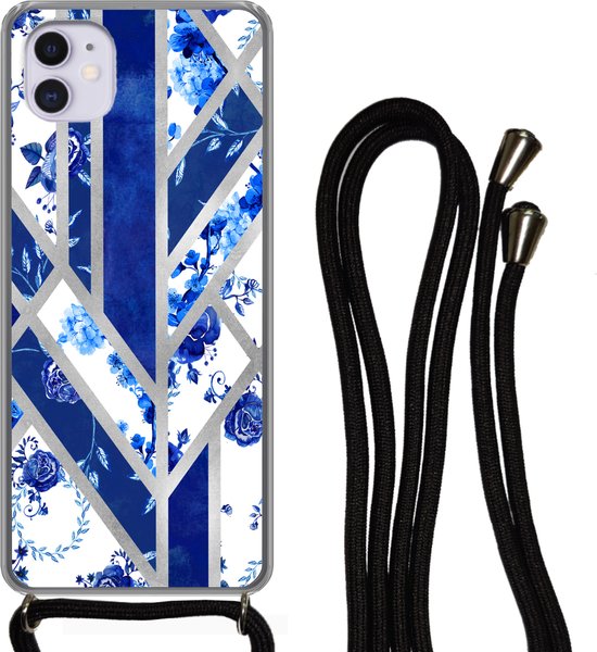 Coque avec cordon iPhone 12 - Bleu de Delft - Design - Luxe - Siliconen - Bandoulière - Coque arrière avec cordon - Coque pour téléphone avec cordon - Coque avec corde