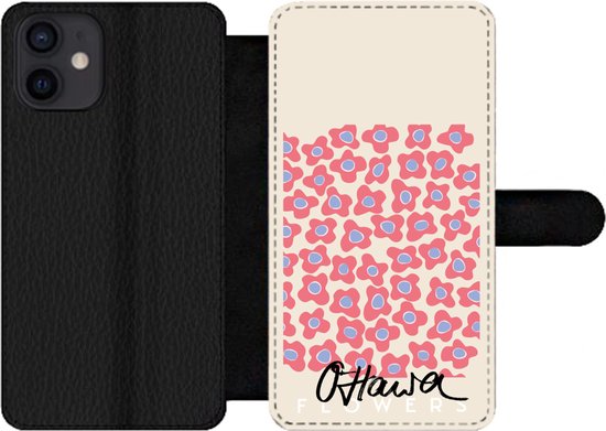Étui pour téléphone iPhone 12 Bookcase - Bloem - Motifs - Rose - Avec poches - Étui portefeuille avec fermeture magnétique