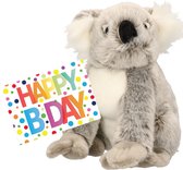 Pluche knuffel koala beer 25 cm met A5-size Happy Birthday wenskaart - Verjaardag cadeau setje