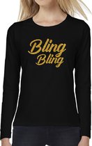 Bling bling longsleeve zwart met gouden glitter tekst dames - Glitter en Glamour goud party kleding shirt met lange mouwen S