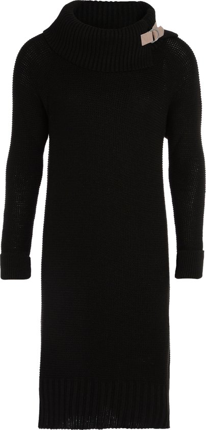 Knit Factory Jamie Gebreide Dames Jurk - Trui jurk dames - Wollen jurk - Herfst- & winterjurk - Wijde jurk - Met warme opstaande kraag - Zwart - 40/42 - Knielengte