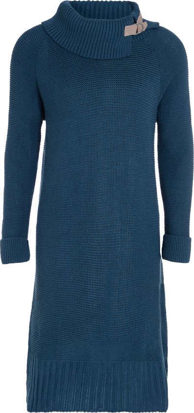 Knit Factory Jamie Gebreide Dames Jurk - Trui jurk dames - Wollen jurk - Herfst- & winterjurk - Wijde jurk - Met warme opstaande kraag - Petrol - Donkerblauw - 36/38 - Knielengte