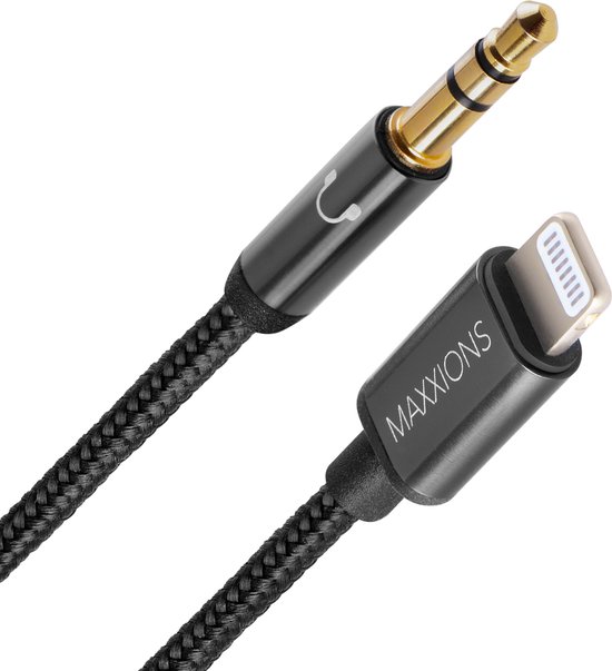 Maxxions Kabel geschikt voor Apple iPhone 6 t/m 14 - MFi-gecertificeerd - 1.2 m/120 cm - Aux Kabel Auto - Space Gray - Geschikt voor Lightning naar Jack (3.5 mm)