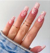 Press on nails / nagels | licht roze met witte bloemen