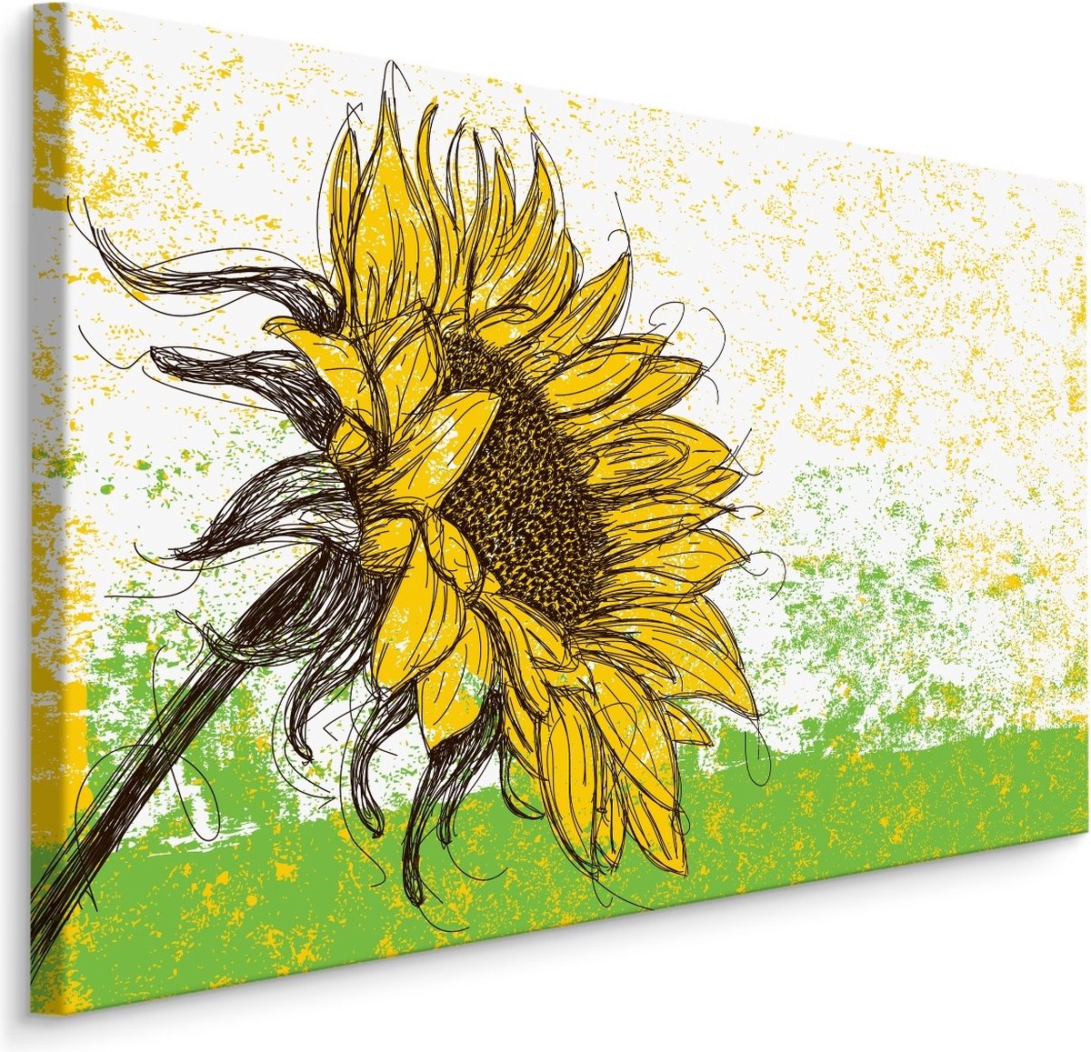 karo-art Schilderij - Getekende Zonnebloem, Print op Premium Canvas Multikleur