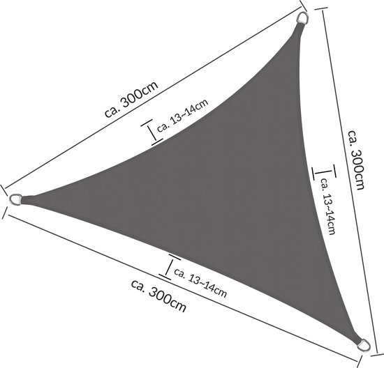Afmetingen van antracietkleurig driehoekig schaduwdoek: 300cm per zijde, 13-14cm voor bevestiging.