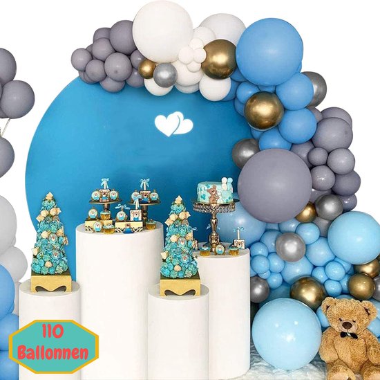 Baloba® Ballonnenboog Lichtblauw, Grijs, Wit, Goud, Blauw & Zilveren ballonnen - Feest Versiering Pakket - Verjaardag Bruiloft Decoratie - 110 Ballonnen