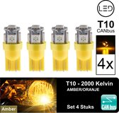 T10 Led Lamp Oranje Amber 2000k (Set 4 stuks) Canbus 5W5 | W5W | 5 LED | Orange | Led Signal Light | 12V | 168 | 194 | 2x | Stadslicht | Kentekenplaat Verlichting | 320 Lumen | 505