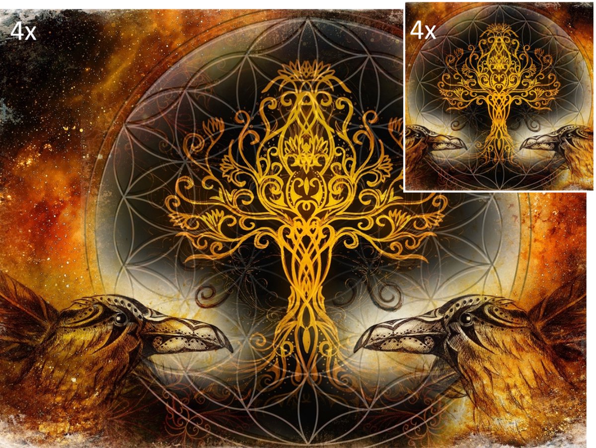 Celtic Tree - Set Placemats en Onderzetters - Odin's Raven - Odin - Raven - Levensboom - Flower of life - Yggdrasil - Pagan - Heidens - Noors - Keltisch - Steampunk - Tafel - Tafeldecoratie - Eten - Placemat - Onderzetter