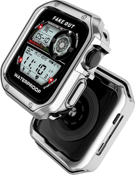 Zilveren horlogekast met zwarte band, "FAKE OUT" en "WATERPROOF" op scherm.