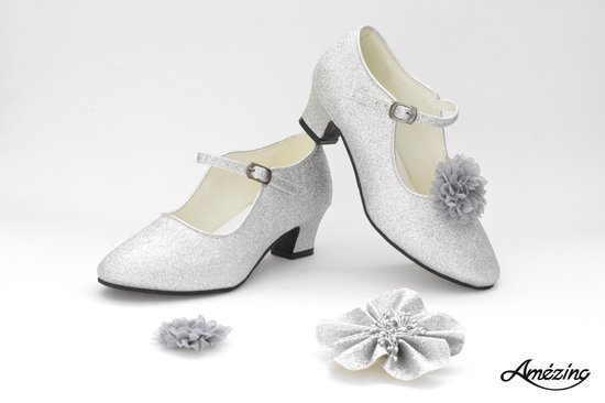 zilver glitter schoenen met hakken + bloemclips + broche (maat 27 -  18,5cm)... | bol