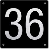 Huisnummerbord - huisnummer 36 - zwart - 12 x 12 cm - rvs look - schroeven - naambordje - nummerbord  - voordeur