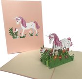 pop-up eenhoorn-paarden-wenskaart-bloemenveld-3d