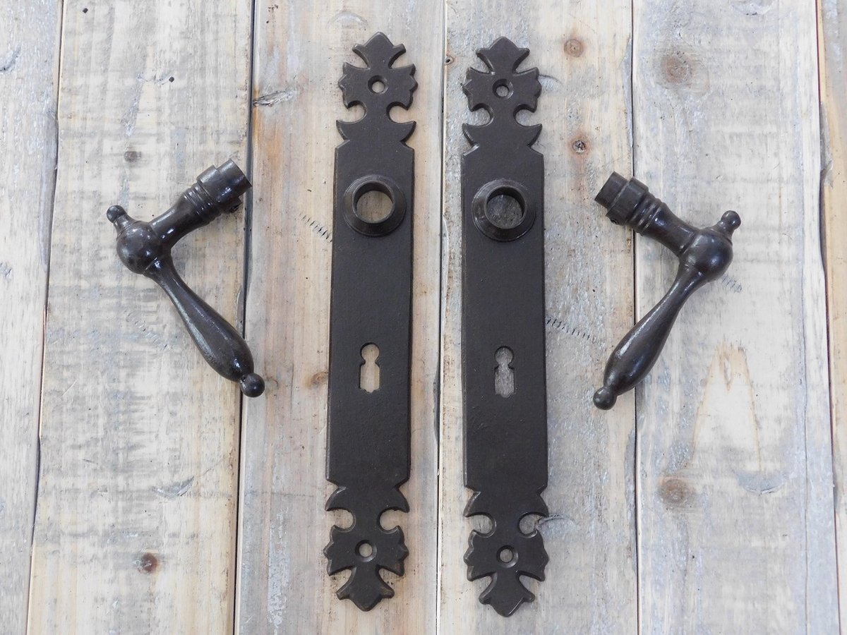 Jack set inclusief doorn 8 x 8 cm, 2 vergrendelingen cotta met 2 lange tekenen Cruz, ijzer geboend, binnendeur (BB72)