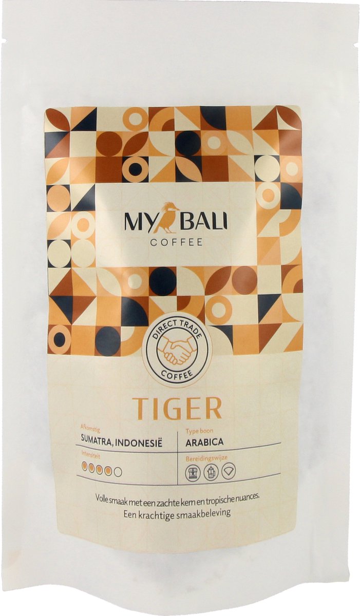 MyBali Coffee, Tiger, 250 gr, (H)eerlijke Indonesische koffie. Direct Trade. 100% Arabica, Ook bekend als GAYO-koffie. Krachtig vol met zachte kern. Indonesië.