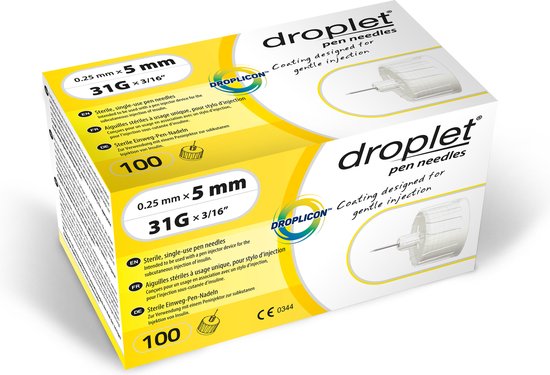 Insuline pennaald Droplet 5MM 31G (100 pennaalden per verpakking)