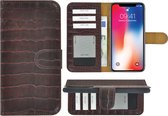 Hoesje iPhone X - Bookcase Hoesje - iPhone Xs Wallet Book Case Echt Leer Croco Kastanjebruin Cover