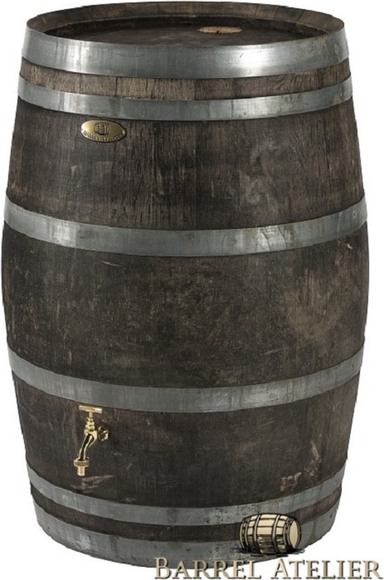 Baril de pluie en bois foncé avec robinet et logo en laiton, 225L.