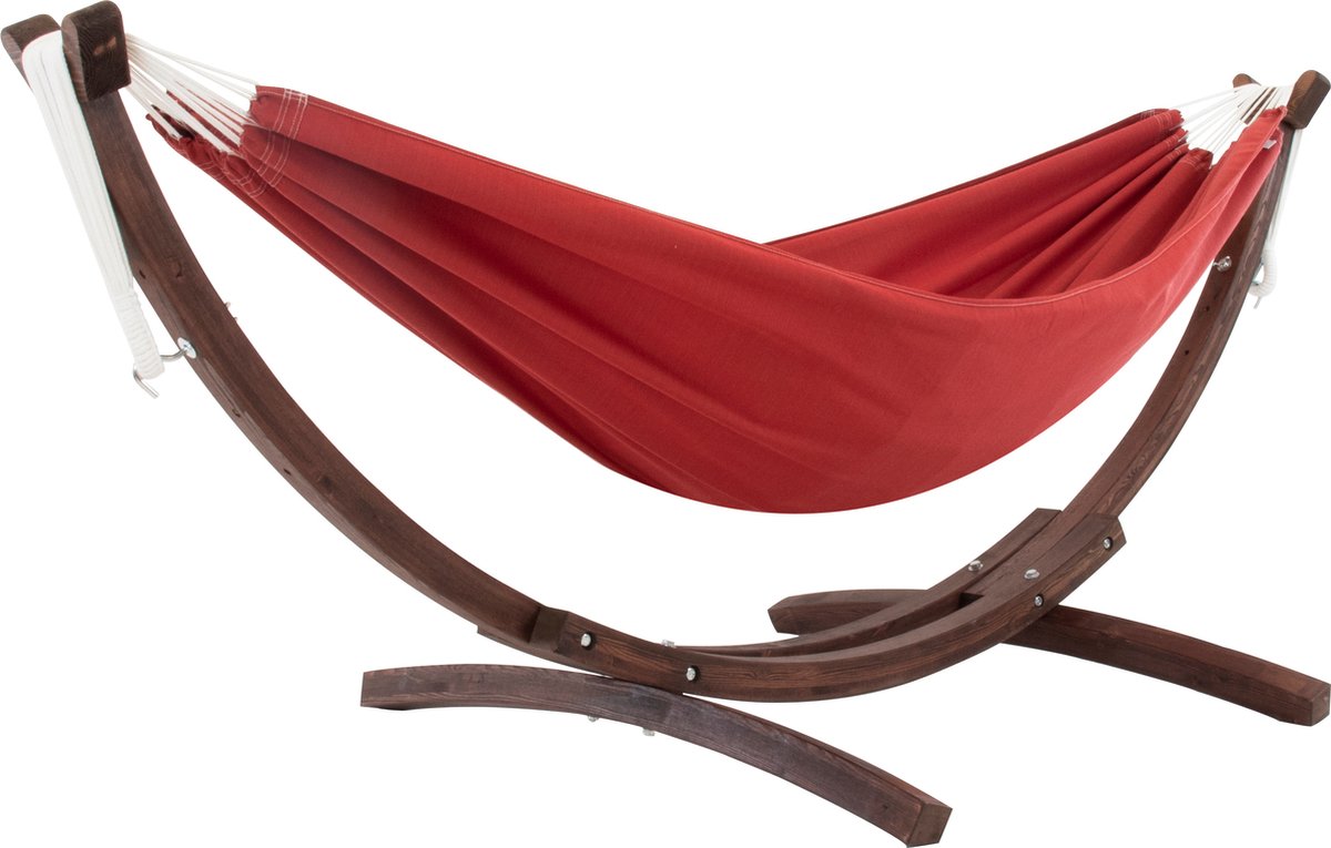 Vivere Double Sunbrella Hangmat met Massief Houten Standaard - Crimson