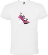 Wit t-shirt met Grote pump/hoge hak gevuld met Make-Up print size XL