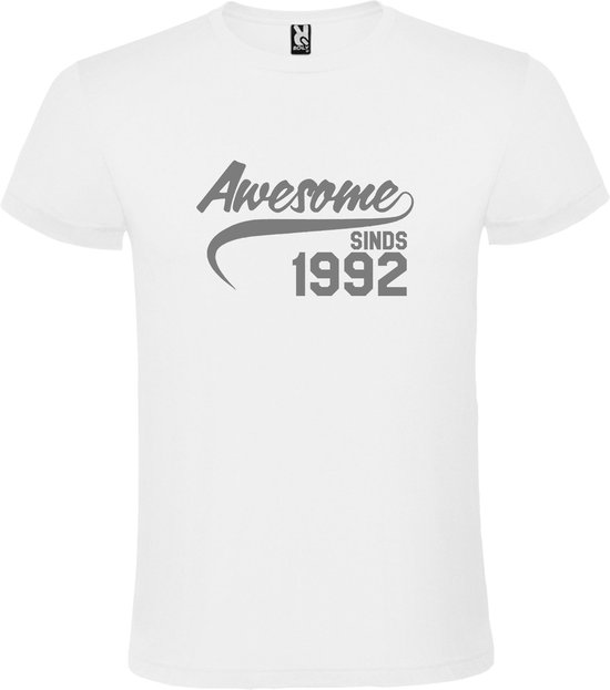 Wit T shirt met "Awesome sinds 1992" print Zilver size L