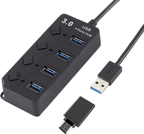 Nuvance - USB Hub 3.0 met Externe Voeding – 4 Poorten - Splitter – USB C Adapter - Aan Uit Schakelaar - Windows en IOS - Zwart