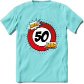 50 Jaar Hoera Verkeersbord T-Shirt | Grappig Abraham Verjaardag Cadeau | Dames - Heren | - Licht Blauw - S