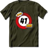 41 Jaar Hoera Verkeersbord T-Shirt | Grappig Verjaardag Cadeau | Dames - Heren | - Leger Groen - S