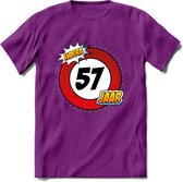 57 Jaar Hoera Verkeersbord T-Shirt | Grappig Verjaardag Cadeau | Dames - Heren | - Paars - S