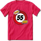 55 Jaar Hoera Verkeersbord T-Shirt | Grappig Verjaardag Cadeau | Dames - Heren | - Roze - XL