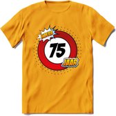 75 Jaar Hoera Verkeersbord T-Shirt | Grappig Verjaardag Cadeau | Dames - Heren | - Geel - XXL