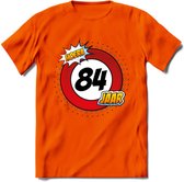 84 Jaar Hoera Verkeersbord T-Shirt | Grappig Verjaardag Cadeau | Dames - Heren | - Oranje - S