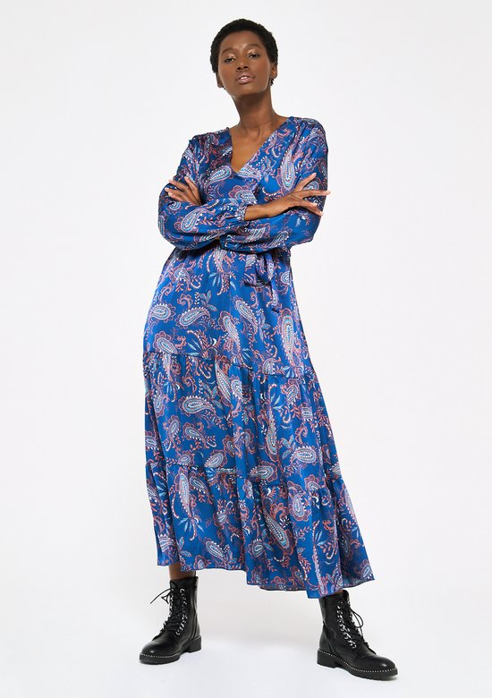 LOLALIZA Lange jurk met print en lange mouwen - Marine Blauw - Maat 40 | bol