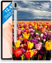 Tablet Hoes Geschikt voor Samsung Galaxy Tab S7FE Fotohoesje Super als Moederdag Cadeau Tulpen met transparant zijkanten