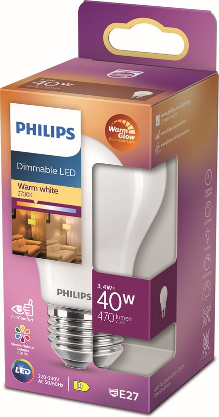 Ampoule LED Philips mate, dimmable, lumière blanche chaude 2700K, culot E27