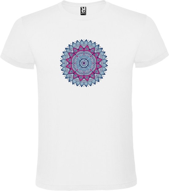 Wit T-shirt met Grote Mandala in Blauw en Roze kleuren size 4Xl