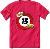 13 Jaar Hoera Verkeersbord T-Shirt | Grappig Verjaardag Cadeau | Dames - Heren | - Roze - L