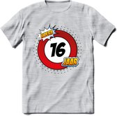 16 Jaar Hoera Verkeersbord T-Shirt | Grappig Verjaardag Cadeau | Dames - Heren | - Licht Grijs - Gemaleerd - M
